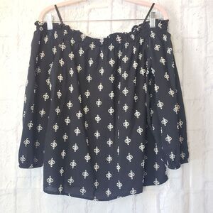 ANN TAYLOR FACTORY Off-Shoulder Top Balloon Sleeves Black Beige Large